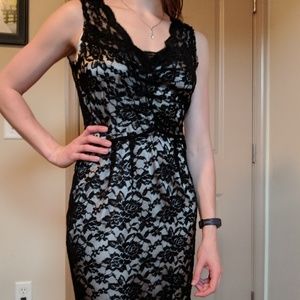 Calvin Klein black lace/tan dress